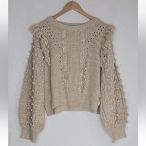Cleobella Loma Sweater Cognac Fringe Pom Pom Balloon Sleeves Size L Womens